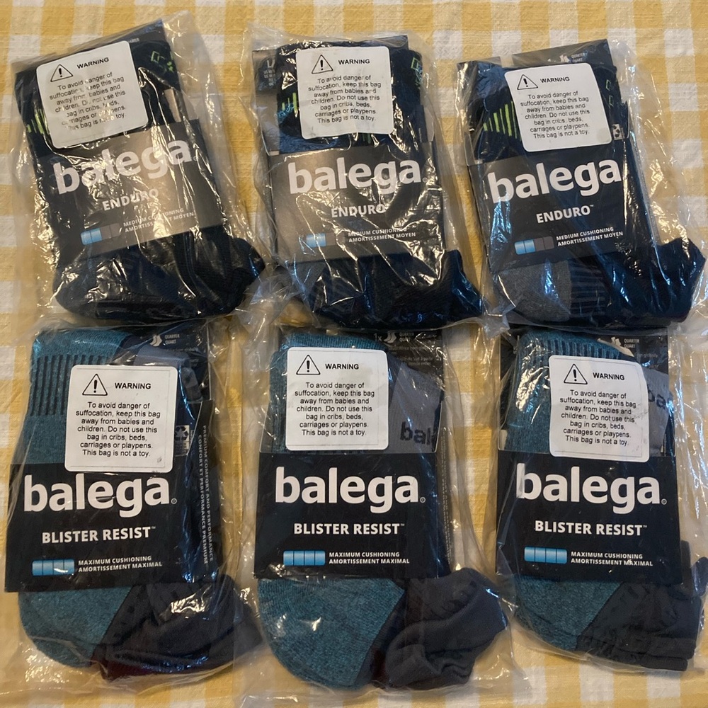 Balega socks. 6 pairs new in package.Size Large. Colors Blue, Grey and Black.
